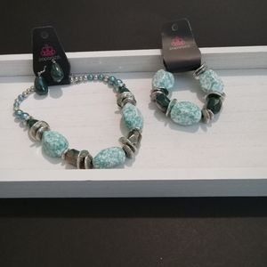 Blue Green Silver Chunky Necklace with Earrings & Bracelet